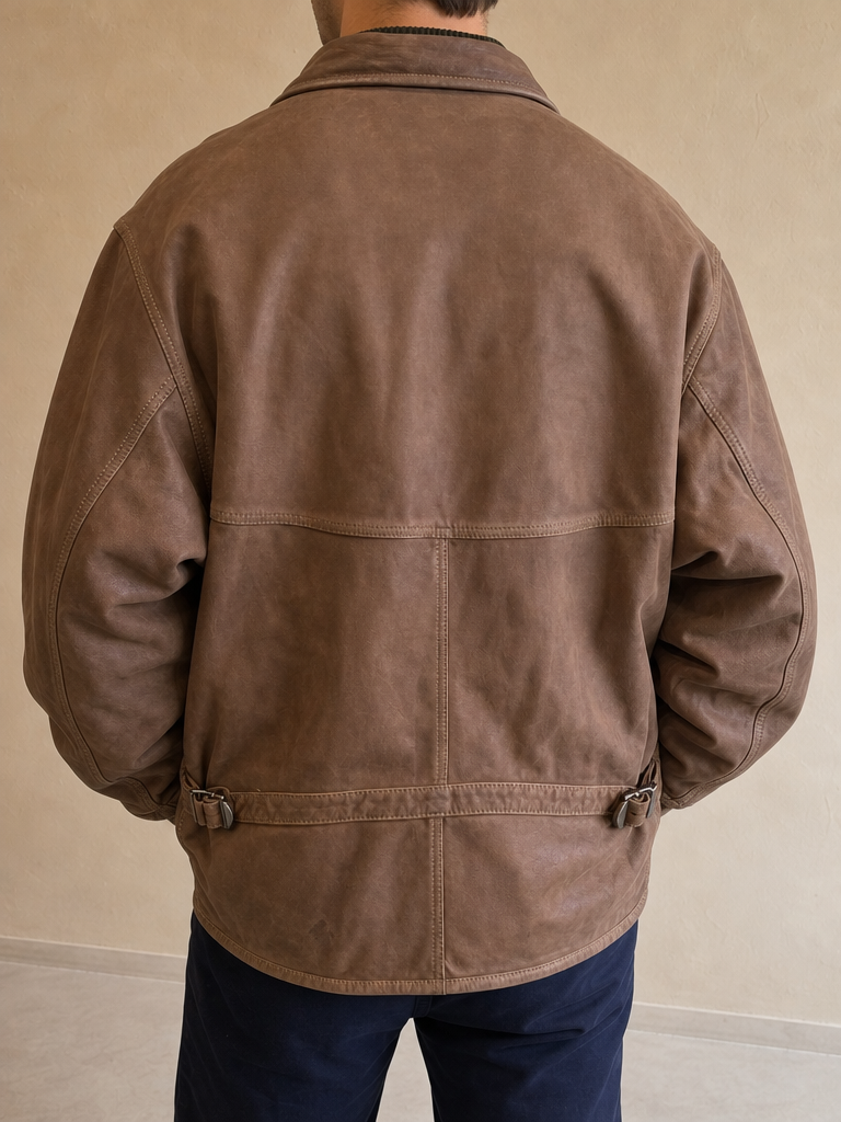 Giacca Real Leather Jacket Bomber - Aviatore Made in Italy in Vera Pelle Boxy Fit Oversize Vintage Y2K Uomo (L) — foto posteriore indossata
