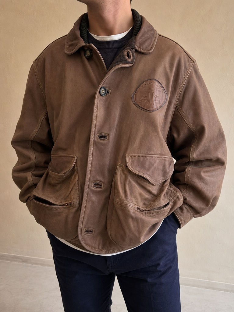 Giacca Real Leather Jacket Bomber - Aviatore Made in Italy in Vera Pelle Boxy Fit Oversize Vintage Y2K Uomo (L) — foto frontale indossata