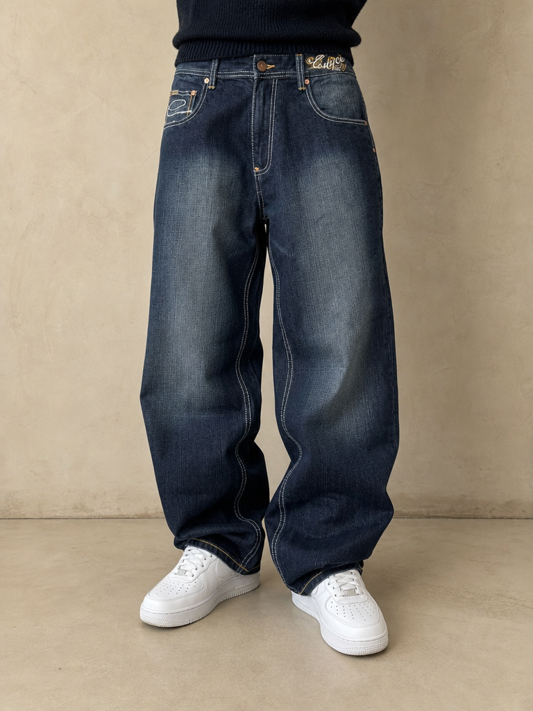 Denim Jeans Enyce Embroidered Washed Baggy Fit Vintage Y2K Uomo - indossata fronte