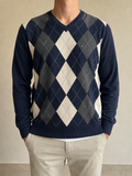 Maglione Tommy Hilfiger Scollo a V Argyle Blu navy Vintage Y2K (M) - indossata fronte