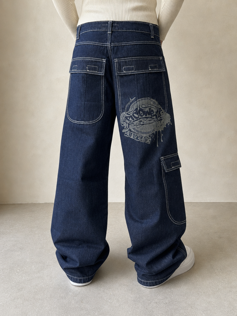 Jeans Denim Denim PicoWear Low Waist Printed Baggy Fit BootCut Vintage Y2K Uomo (XS) - indossata retro