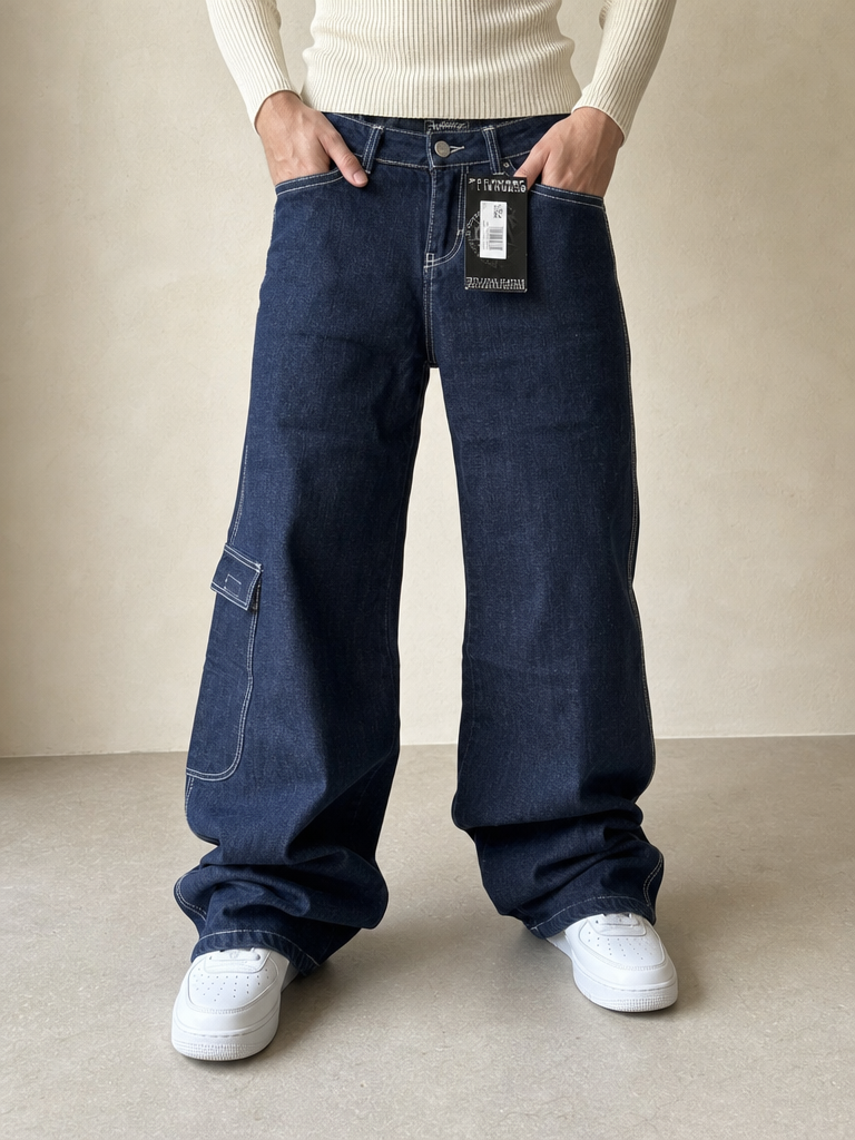 Jeans Denim Denim PicoWear Low Waist Printed Baggy Fit BootCut Vintage Y2K Uomo (XS) - indossata fronte