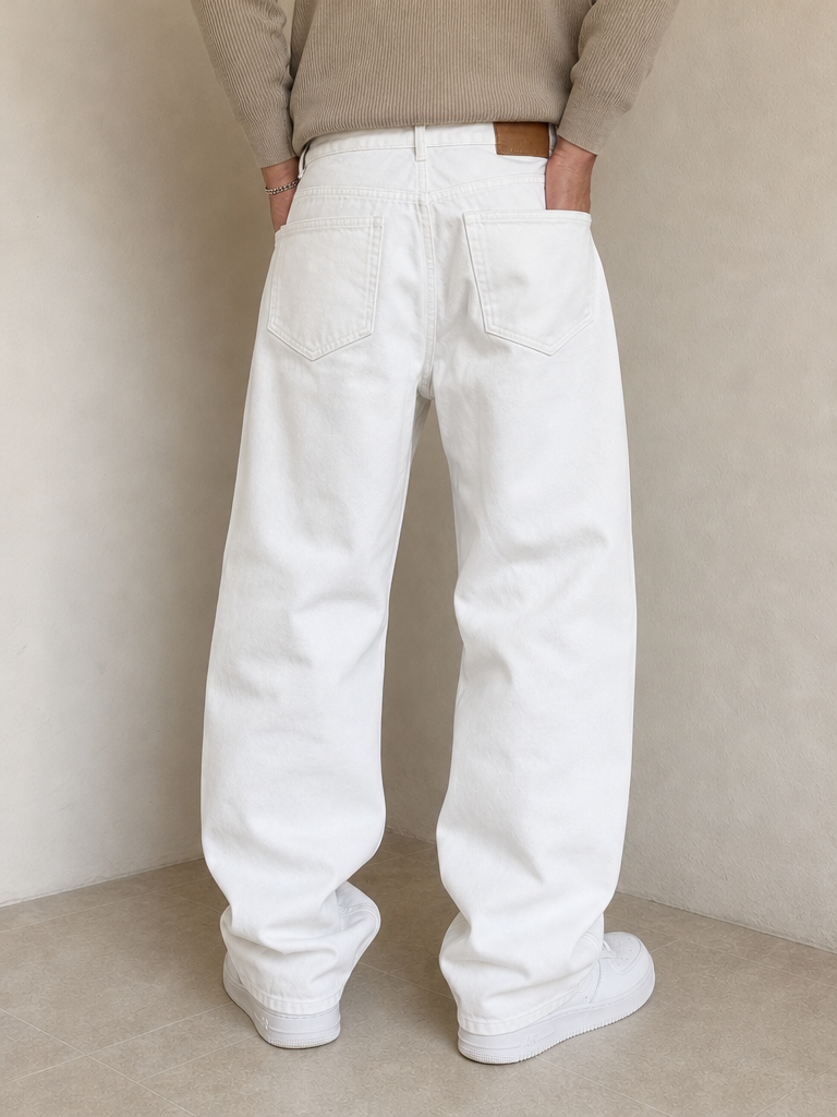 Denim Jeans White Baggy Fit Hip-Hop Vintage Y2K Uomo (XS) - indossata retro