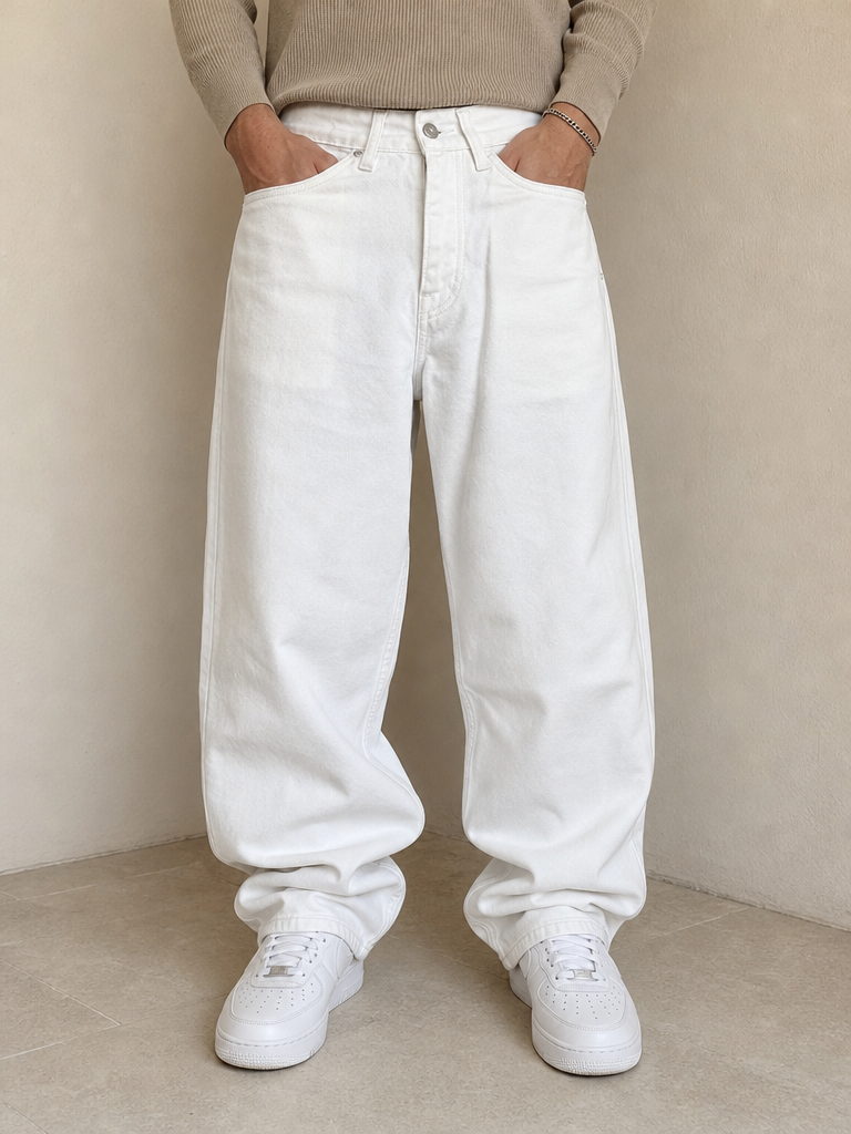 Denim Jeans White Baggy Fit Hip-Hop Vintage Y2K Uomo (XS) - indossata fronte