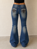 Denim Jeans Svasati BootCut Low Waist Embroidered Washed Vintage Y2K Donna (XS) - indossata retro