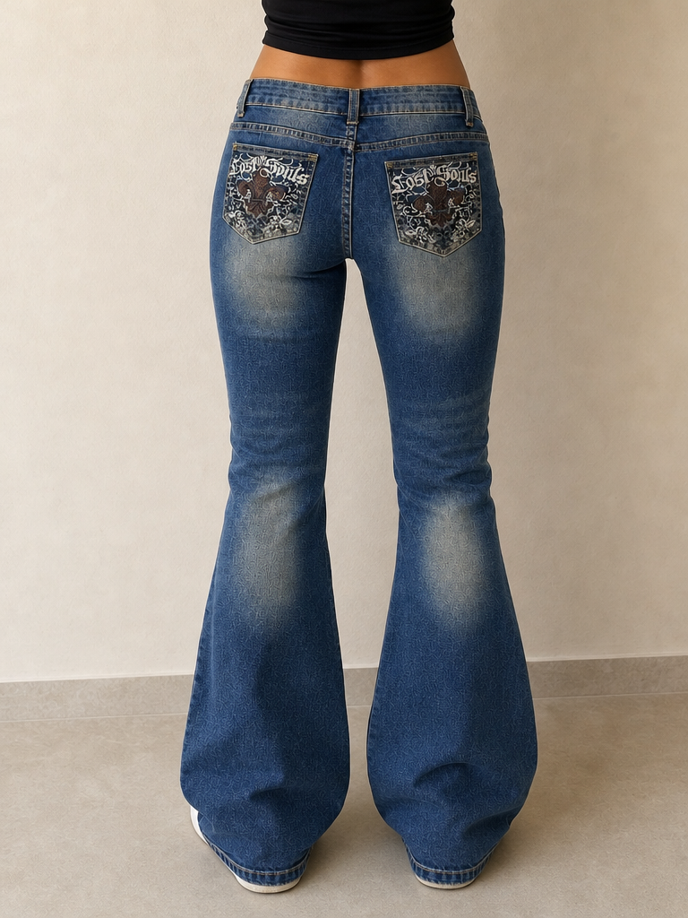 Denim Jeans Svasati BootCut Low Waist Embroidered Washed Vintage Y2K Donna (XS) - indossata retro