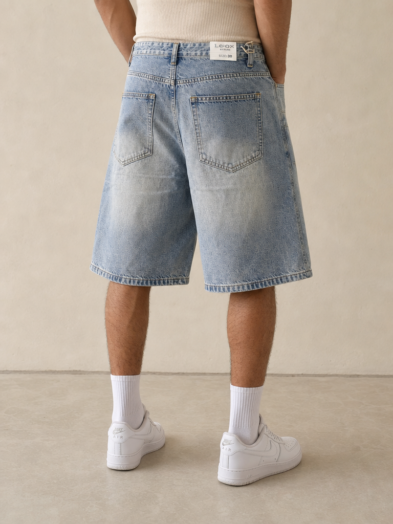 L-BOX Jeans Denim Jorts Leox Denim Chiaro Baggy Sabbiato Doppio Bustino Embroidered Particular Vintage Y2K Uomo - indossata retro