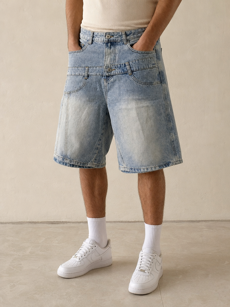 L-BOX Jeans Denim Jorts Leox Denim Chiaro Baggy Sabbiato Doppio Bustino Embroidered Particular Vintage Y2K Uomo - indossata fronte