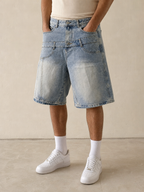 L-BOX Jeans Denim Jorts Leox Denim Chiaro Baggy Sabbiato Doppio Bustino Embroidered Particular Vintage Y2K Uomo - indossata fronte