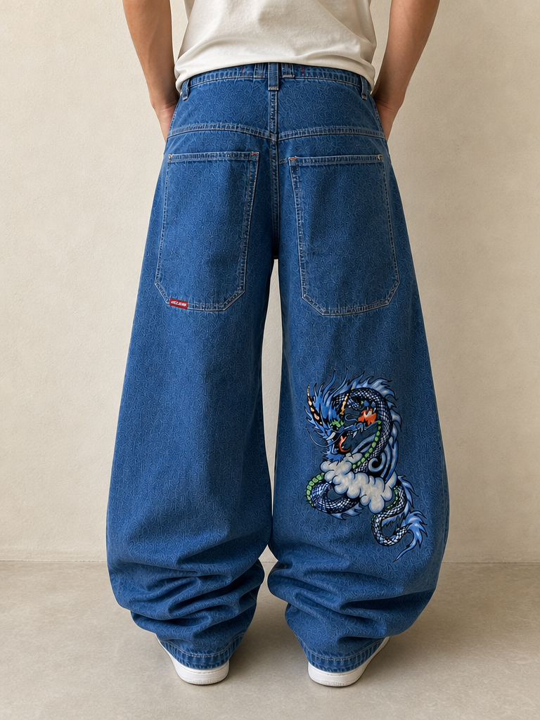 Denim JNCO Jeans Original Super Baggy Fit Embroidered American Hip-Hop Vintage Y2K Uomo (M) - indossata retro