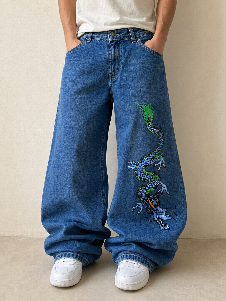 Denim JNCO Jeans Original Super Baggy Fit Embroidered American Hip-Hop Vintage Y2K Uomo (M) - indossata fronte
