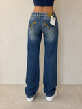 Denim Jeans Low Waist Restart Straight Fit Embroidered Vintage Y2K Donna (S) - indossata retro