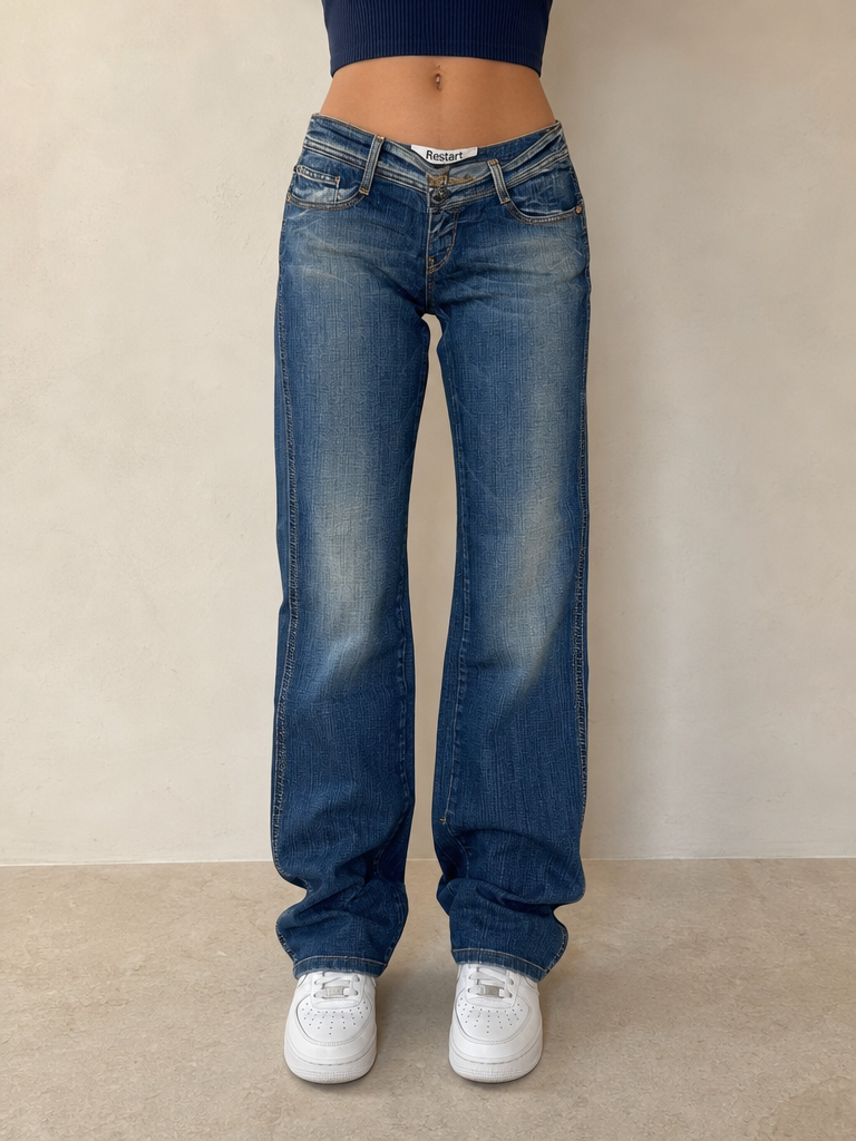 Denim Jeans Low Waist Restart Straight Fit Embroidered Vintage Y2K Donna (S) - indossata fronte