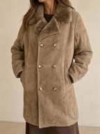 Giacca Montone in Vera Pelle di Renna Beige Lungo con Pelliccia Vintage Y2K Donna (L) - indossata fronte