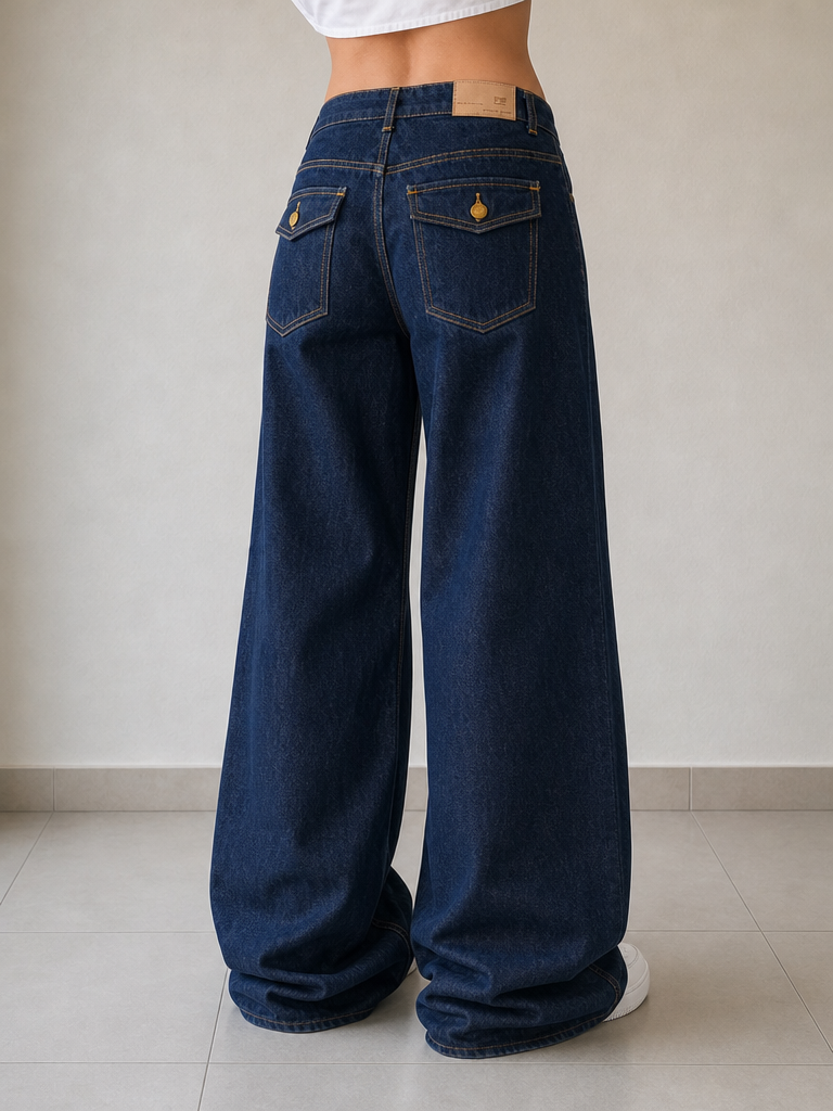Denim Jeans Baggy Fit Blue Gold Botton Vintage Y2K Donna - indossata retro