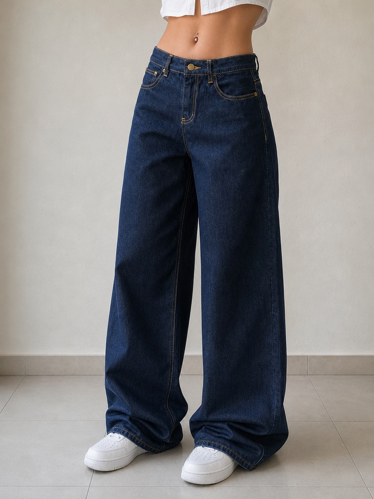 Denim Jeans Baggy Fit Blue Gold Botton Vintage Y2K Donna - indossata fronte