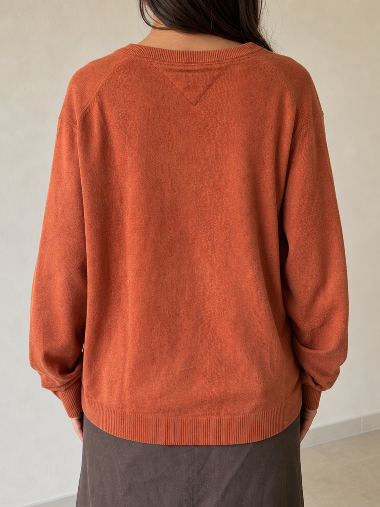 Maglione Tommy Hilfiger scollo a V arancione ruggine Vintage Y2K (M) - indossata retro