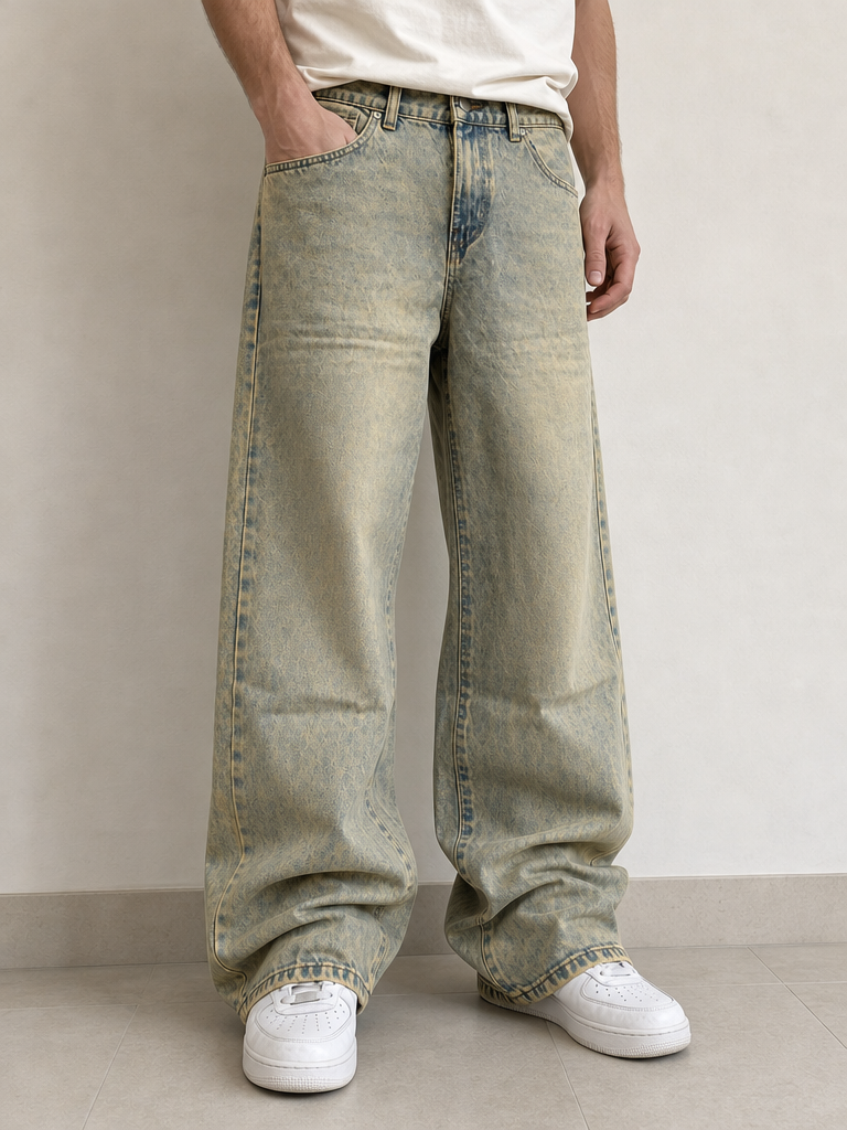 Jeans Baggy Wide Leg Washed Oversize Stone Wash Vintage Y2K Uomo - indossata fronte