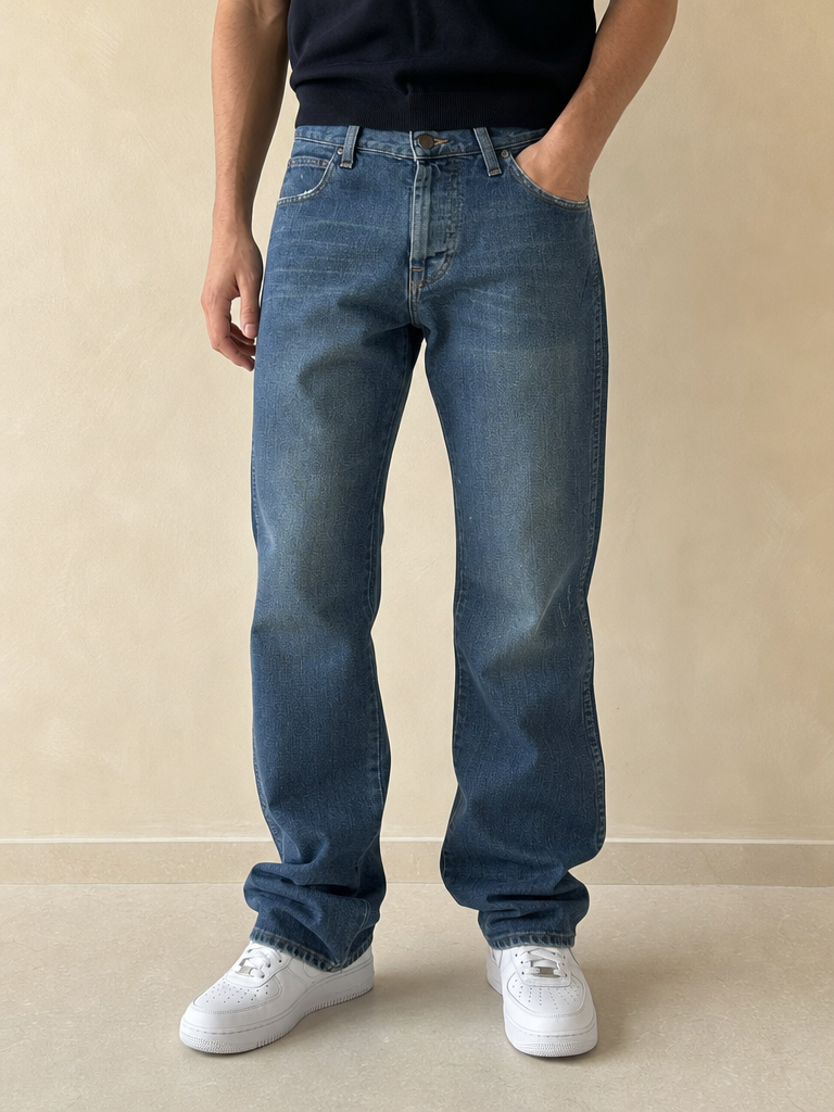 Denim Jeans Wrangler Stone Wash Straight Fit Vintage Y2K Uomo (XS) - indossata fronte