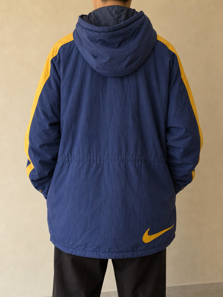 Parka con cappuccio Nike Blu navy e giallo Vintage Y2K (XL) - indossata retro