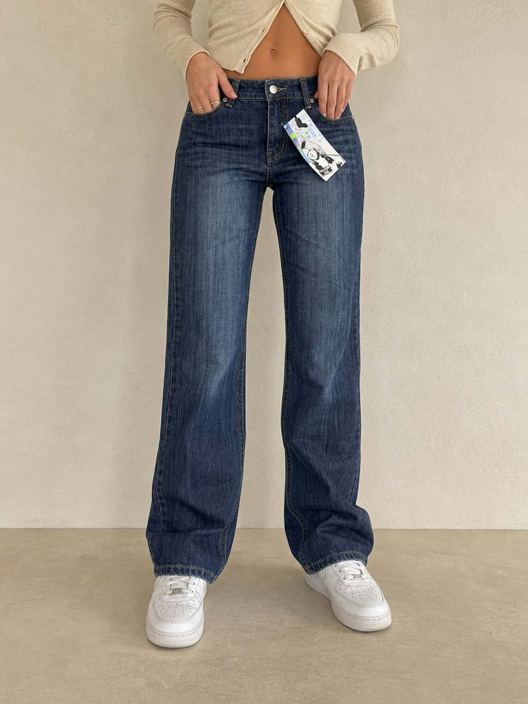 Denim Jeans Washed Straight Fit Vintage Y2K Donna (S) - indossata fronte