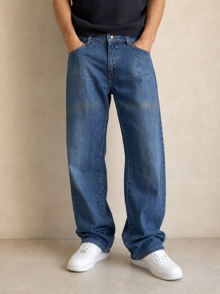 Denim Jeans Wrangler Blu Bootcut Baggy Fit Vintage Y2K Uomo (XS) - indossata fronte