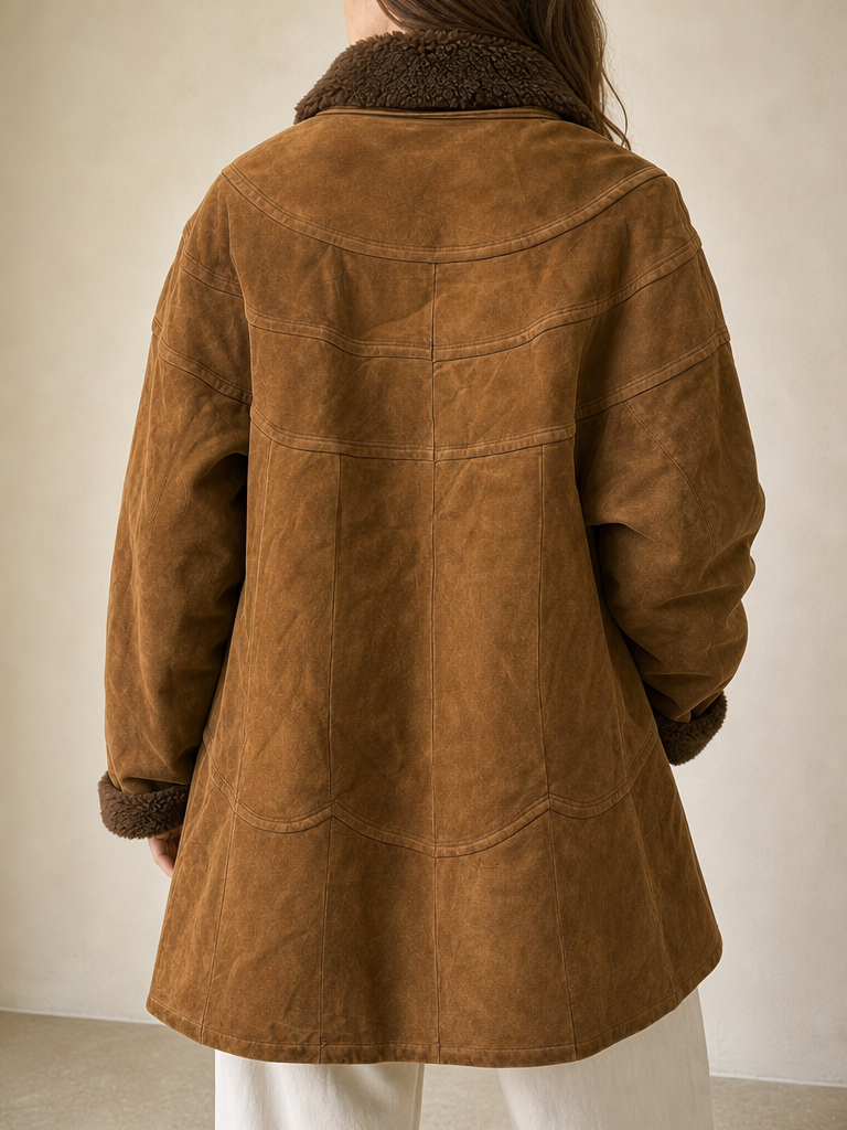 Giacca Montone in Vera Pelle di Renna Marrone Lungo con Pelliccia Vintage Y2K Donna (L) - indossata retro