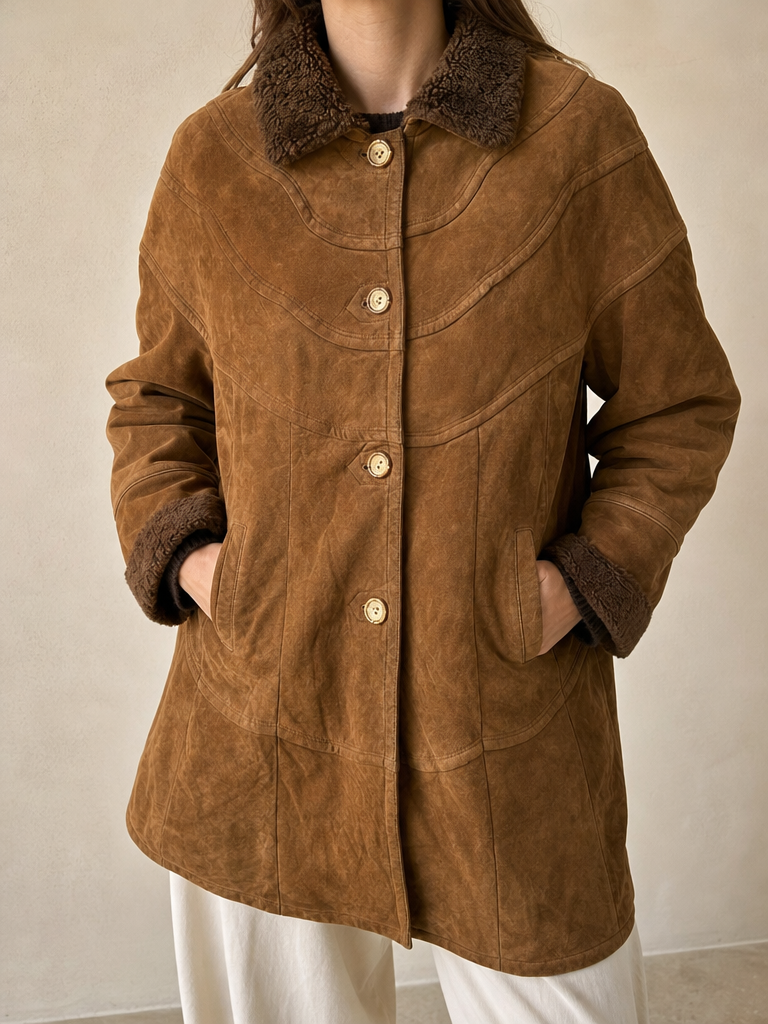 Giacca Montone in Vera Pelle di Renna Marrone Lungo con Pelliccia Vintage Y2K Donna (L) - indossata fronte