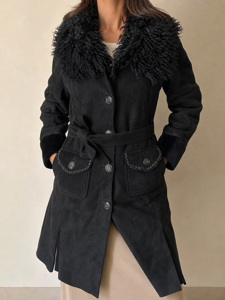 Giacca Cappotto Lungo con Pelliccia Pelle Scamosciata Vintage Y2K Donna (M) - indossata fronte