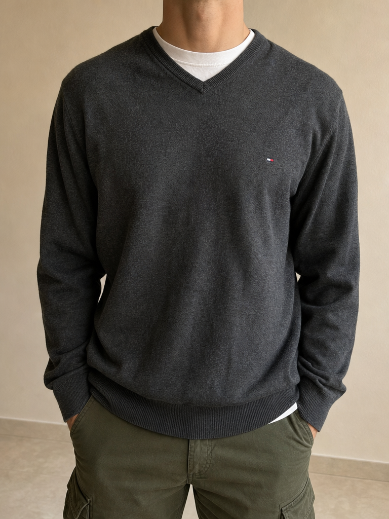 Maglione Tommy Hilfiger Grigio Cashmere Vintage Y2K Uomo (L) - indossata fronte