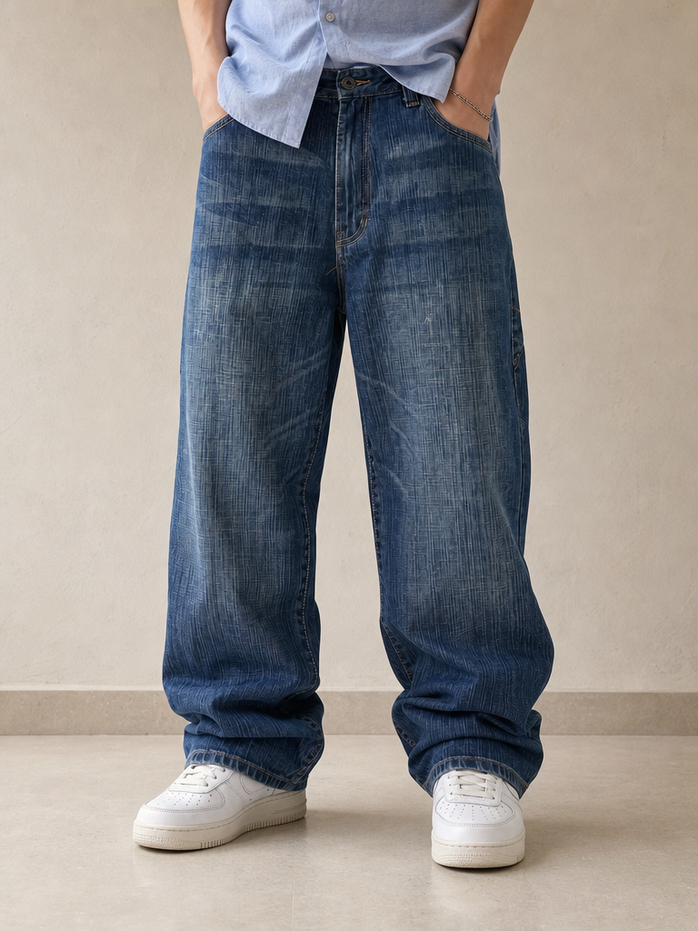 Denim Jeans Enyce Baggy Fit Embroidered Washed Striped Vintage Y2K Uomo - indossata fronte