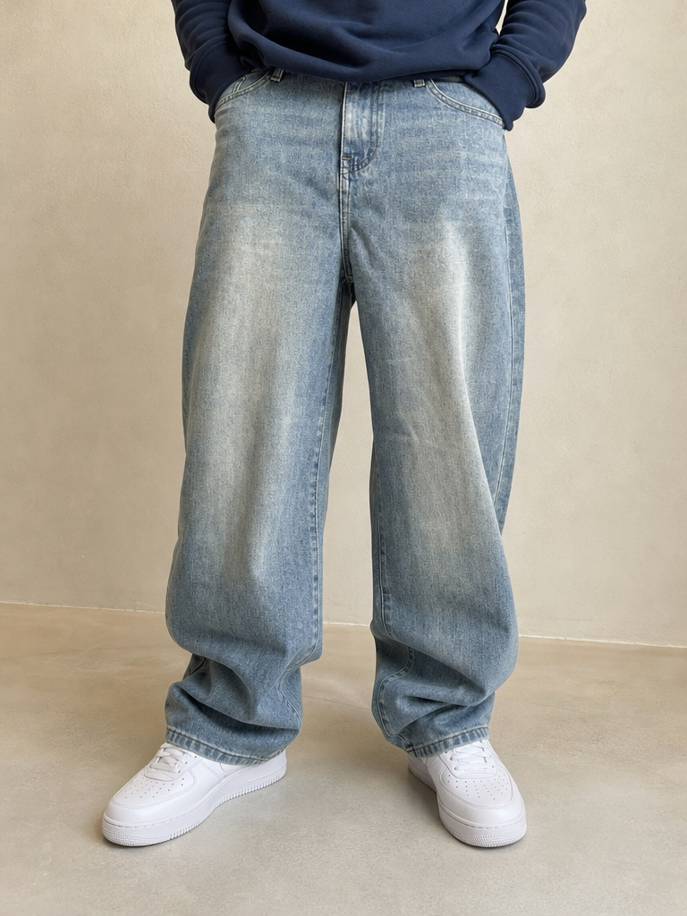 Denim Jeans Baggy Fit Light Wash Vintage Y2K Uomo (S) - indossata fronte