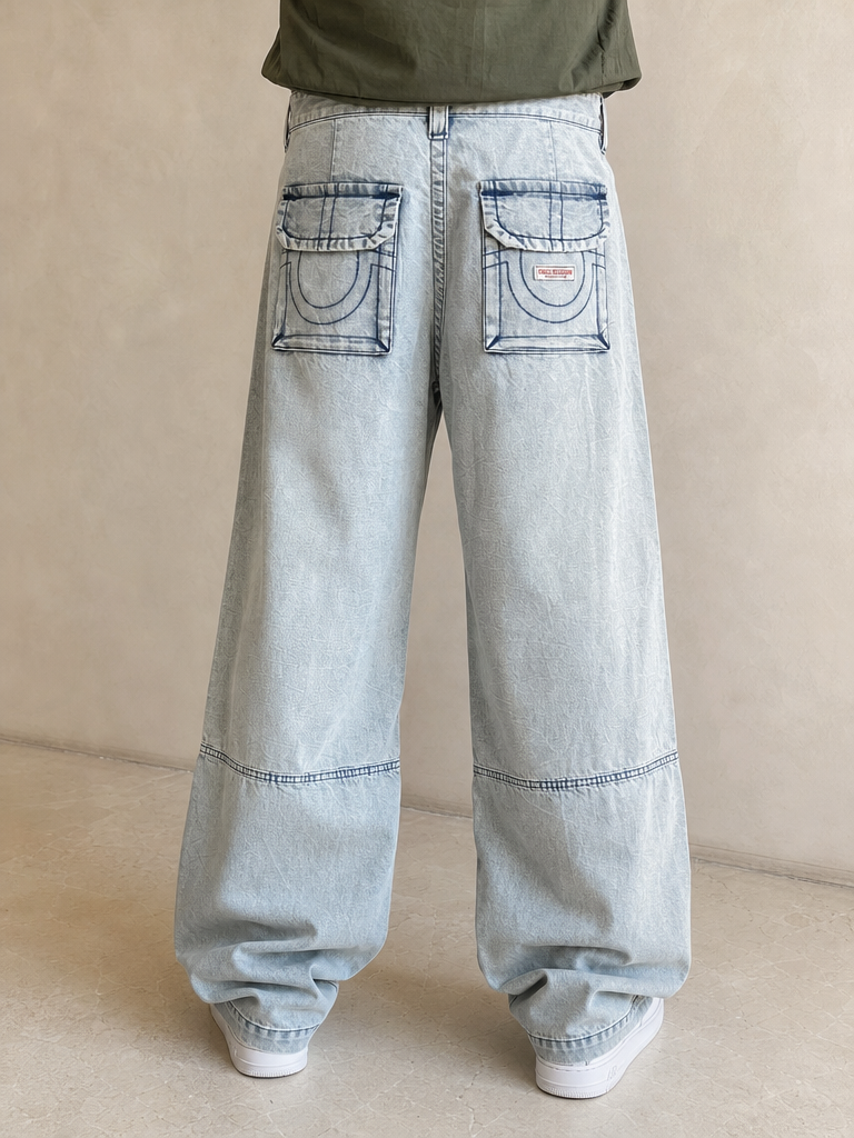 Denim Cargo Jeans True Religion Baggy Fit Light Blue Vintage Y2K Uomo (S) - indossata retro