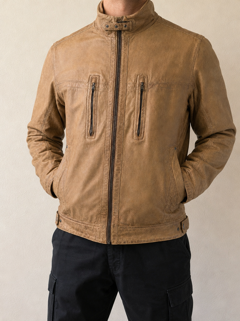 Giacca Real Leather Jacket Bomber - Aviatore in Vera Pelle Boxy Fit Oversize Vintage Y2K Uomo (M) — foto frontale indossata