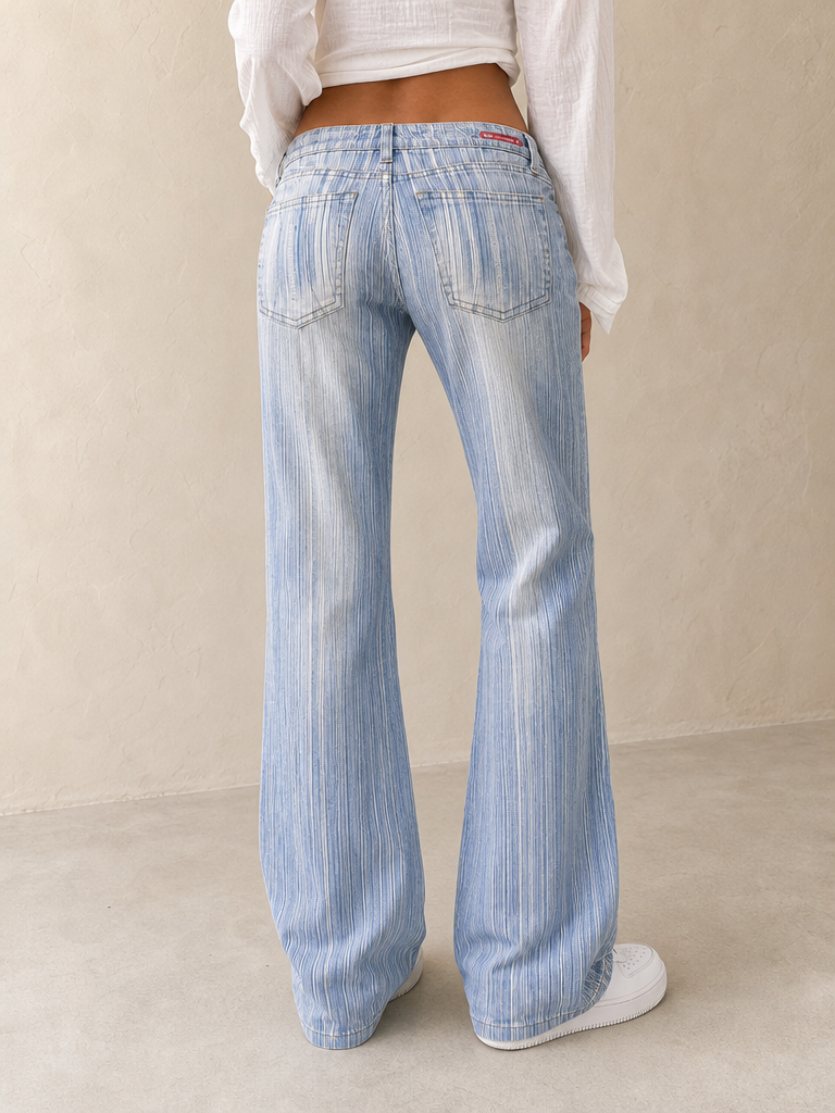 Denim Jeans Washed Baggy Fit Particular Striped Flare Vintage Y2K Donna (XXS) - indossata retro