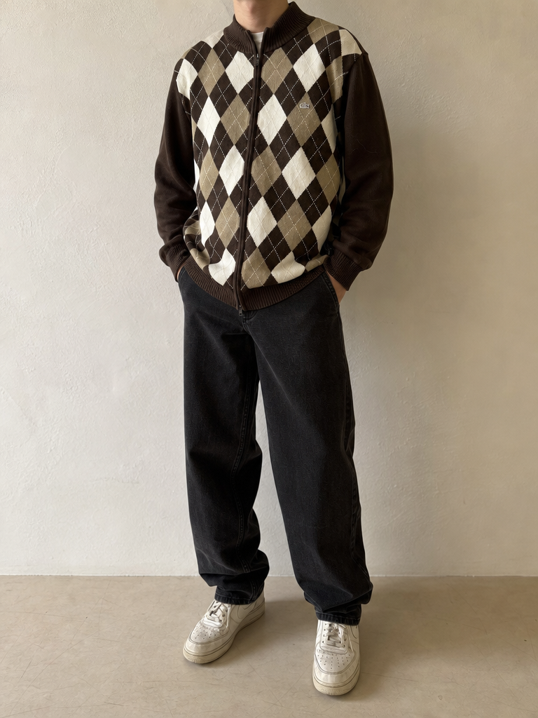 Maglieria Maglioncino Zip Lacoste a Scacchi Vintage Y2K Uomo (XXL) - indossata fronte