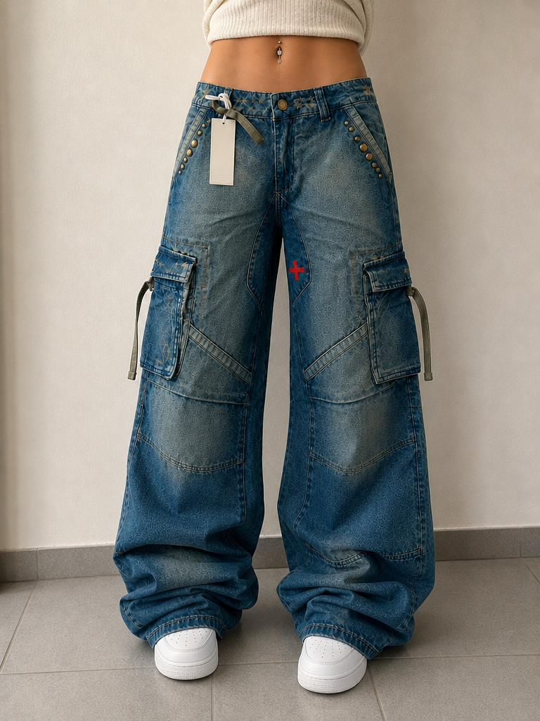 Jeans Baggy Fit Svasato con Lavaggio Particolare e Ricami Vintage Y2K - indossata fronte