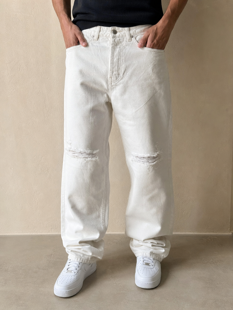 Denim Jeans White Baggy Fit Vintage Y2K Uomo (M) - indossata fronte