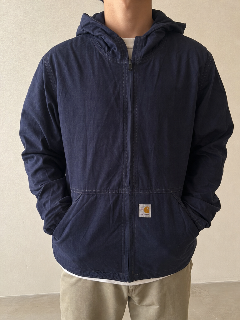 Giacca con cappuccio e zip Carhartt Full Swing FR Blu navy Vintage Y2K - indossata fronte