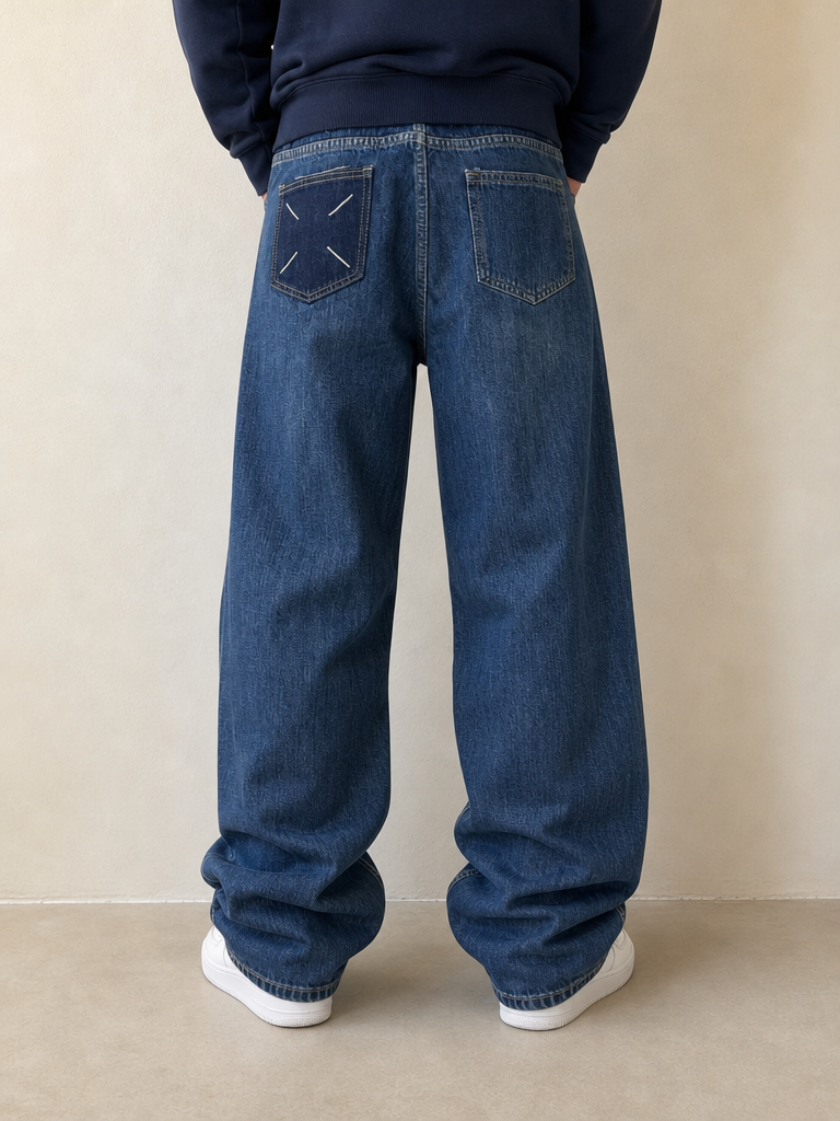 Denim Jeans Particular Embroidered Blu Baggy Fit Vintage Y2K Uomo - indossata retro