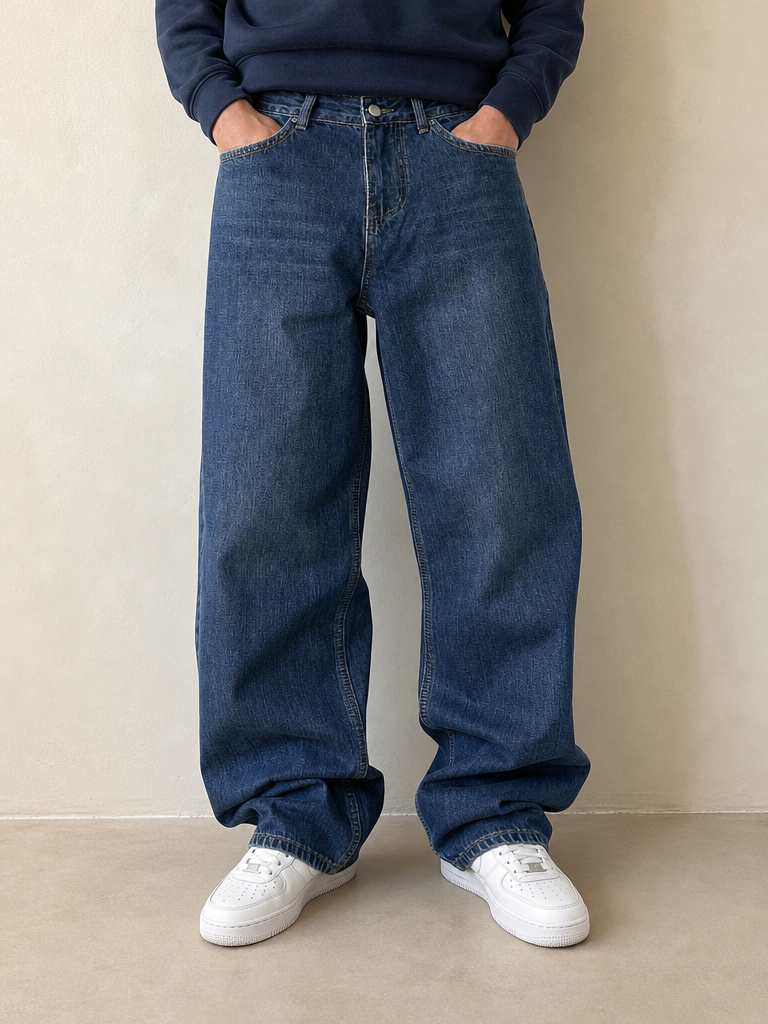 Denim Jeans Particular Embroidered Blu Baggy Fit Vintage Y2K Uomo - indossata fronte