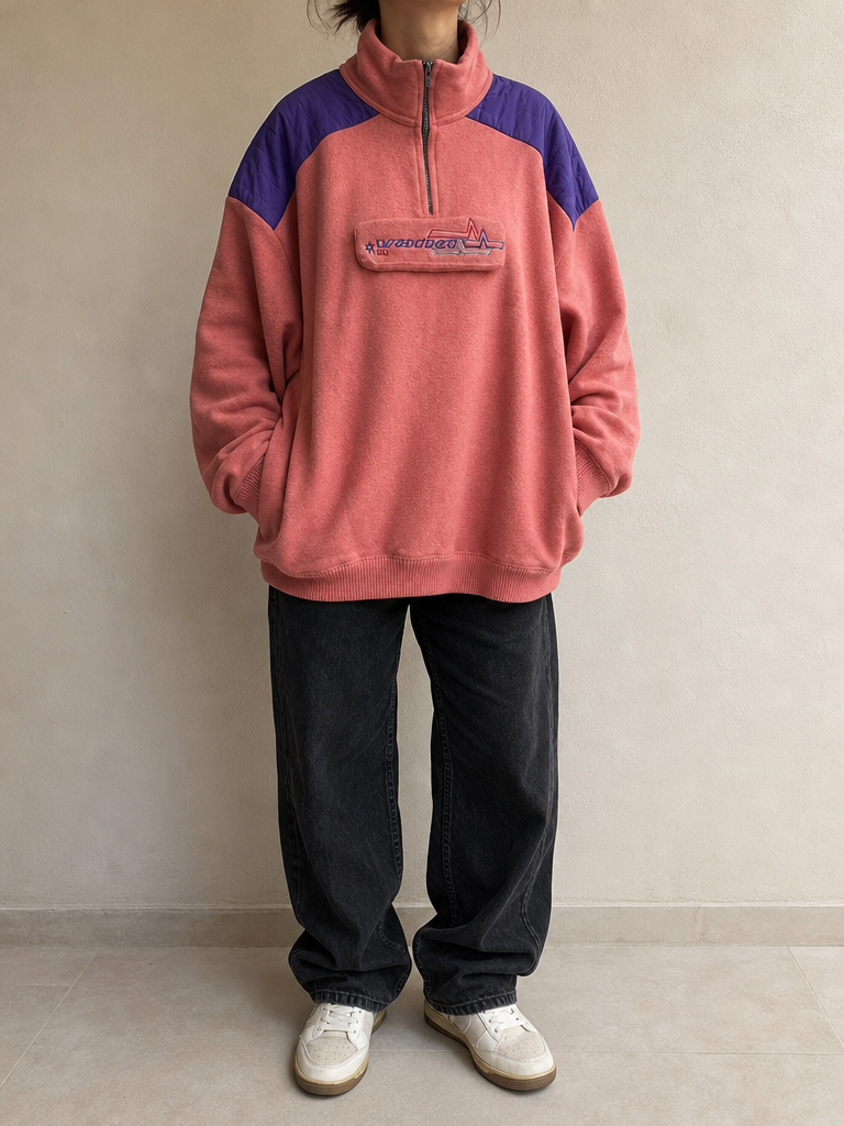 Maglieria Pile 1/4 Zip Rosa / Viola - Doppio Tessuto Pile e Tecnico - Boxy Oversize Fit Vintage Y2K Donna (XXL) - indossata fronte