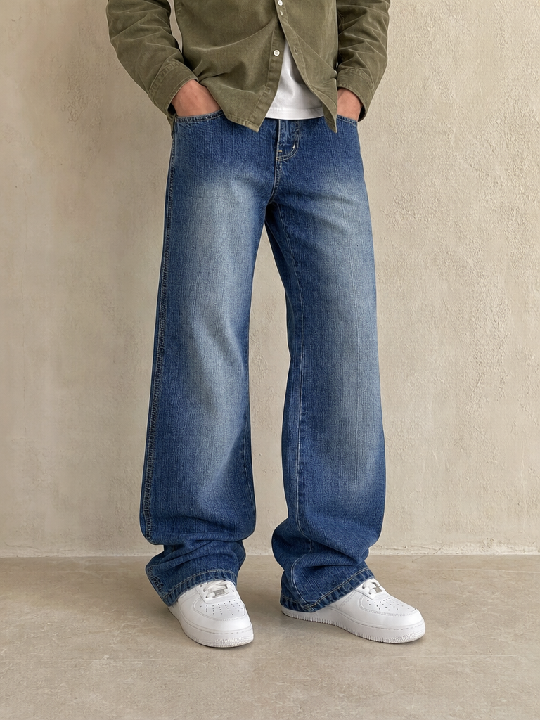 Denim Baggy Fit Washed Jeans Vintage Y2K Uomo (S) - indossata fronte
