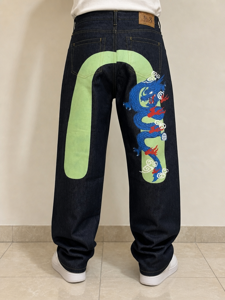Denim Pantaloni Vintage Y2K Blu Scuro Verde Rosso Drago Stampa (L) — foto 2