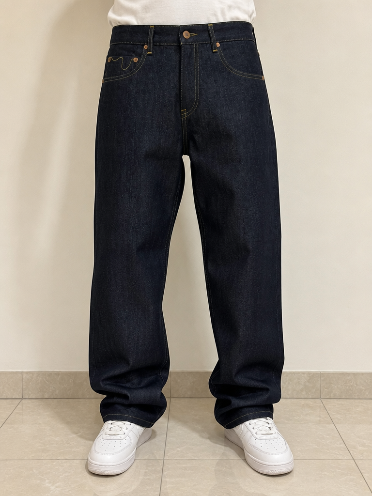 Denim Pantaloni Vintage Y2K Blu Scuro Verde Rosso Drago Stampa (L) — foto 1