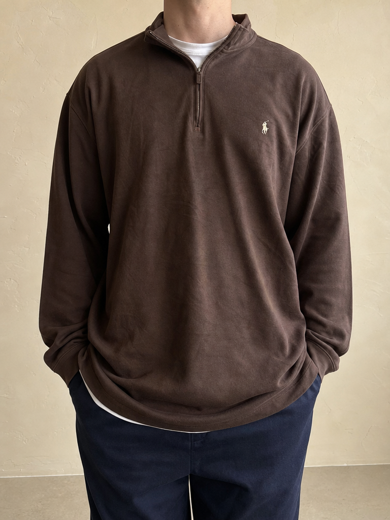 Maglione Ralph Lauren 1/4 Zip Brown Vintage Y2K Uomo (4XL) - indossata fronte