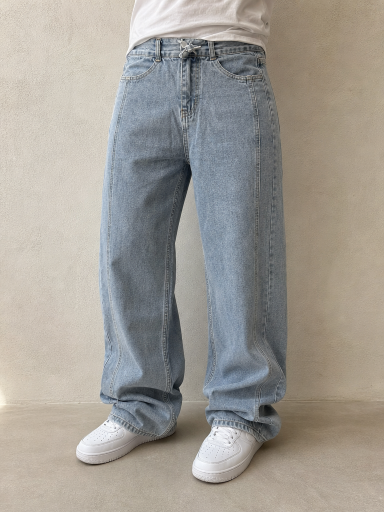 Denim Light Blue Jeans Particular Flare Baggy Fit Vintage Y2K (XS) - indossata fronte