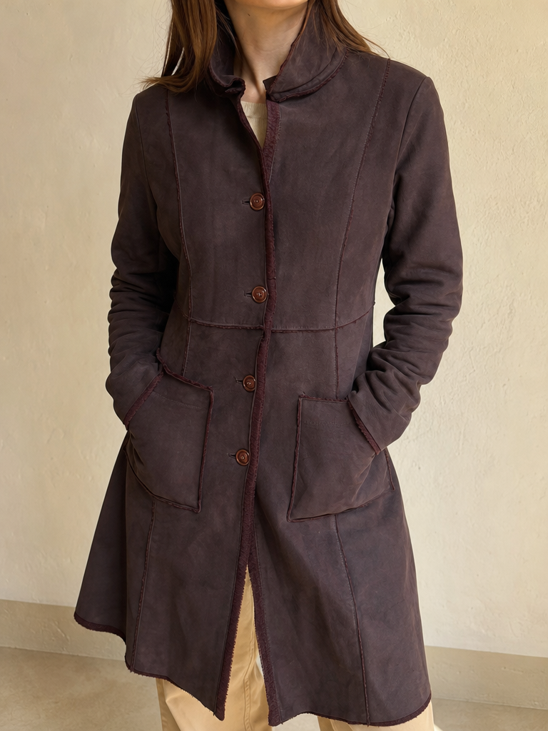 Giacca Cappotto Lungo in Pelle Scamosciata Vintage Y2K Donna (S) - indossata fronte
