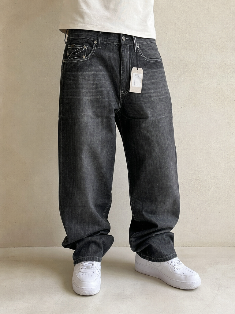 Denim Black Jeans Enyce Baggy Fit Vintage Y2K Uomo (XL) - indossata fronte