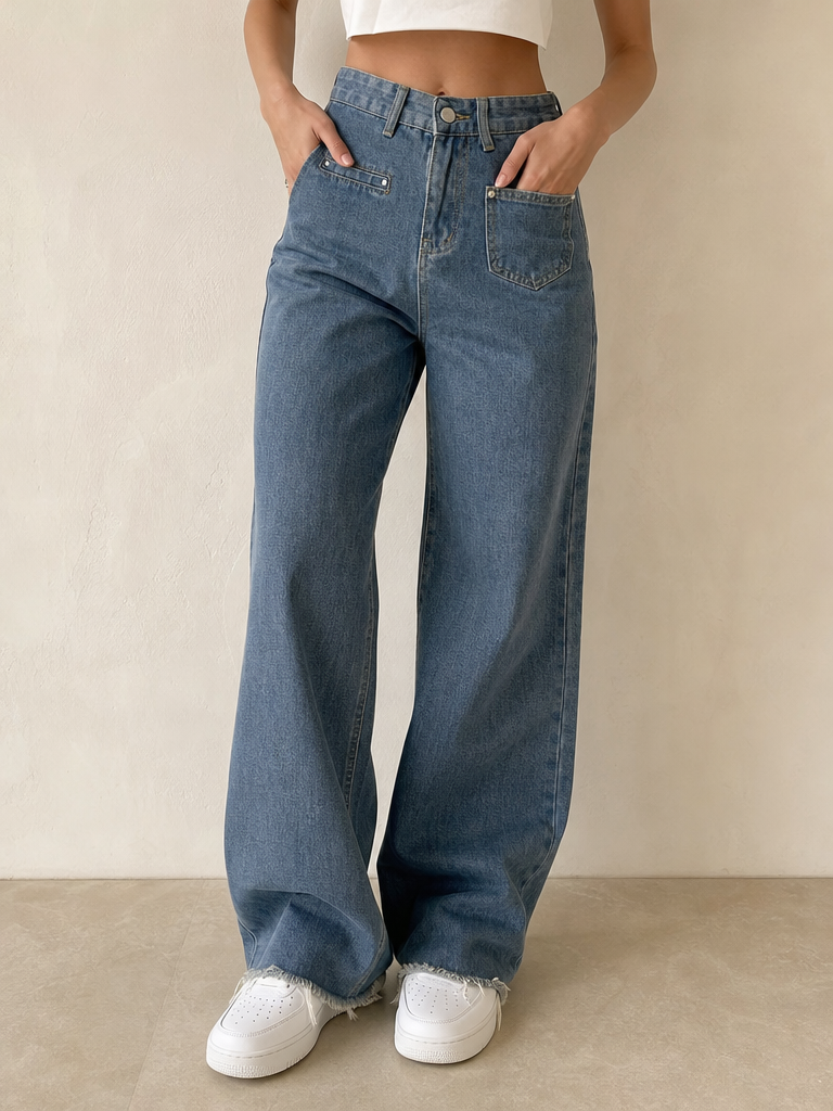 Denim Jeans Flare Sfrangiato Baggy Fit Vintage Y2K Donna (XS) - indossata fronte